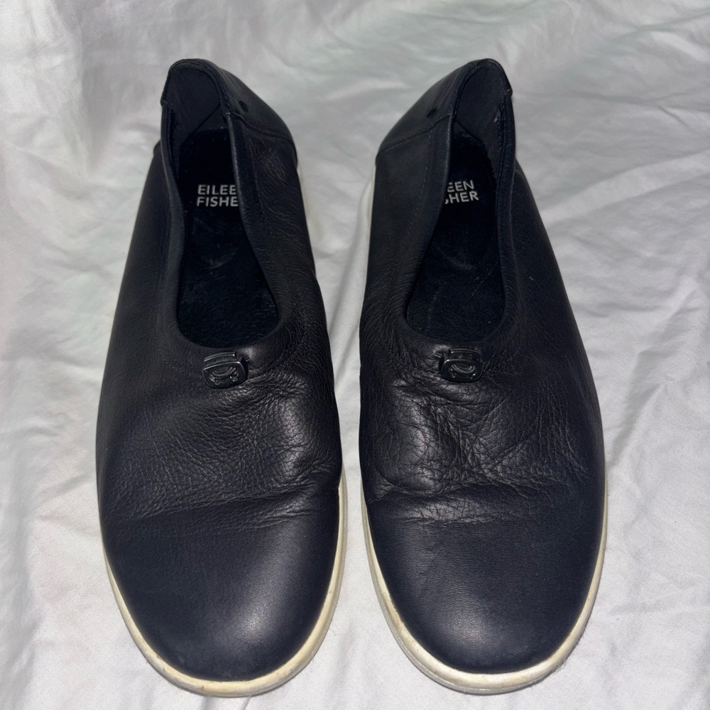 Eileen Fisher Sydney Slip On Washed Black Leather Sneakers Size 7